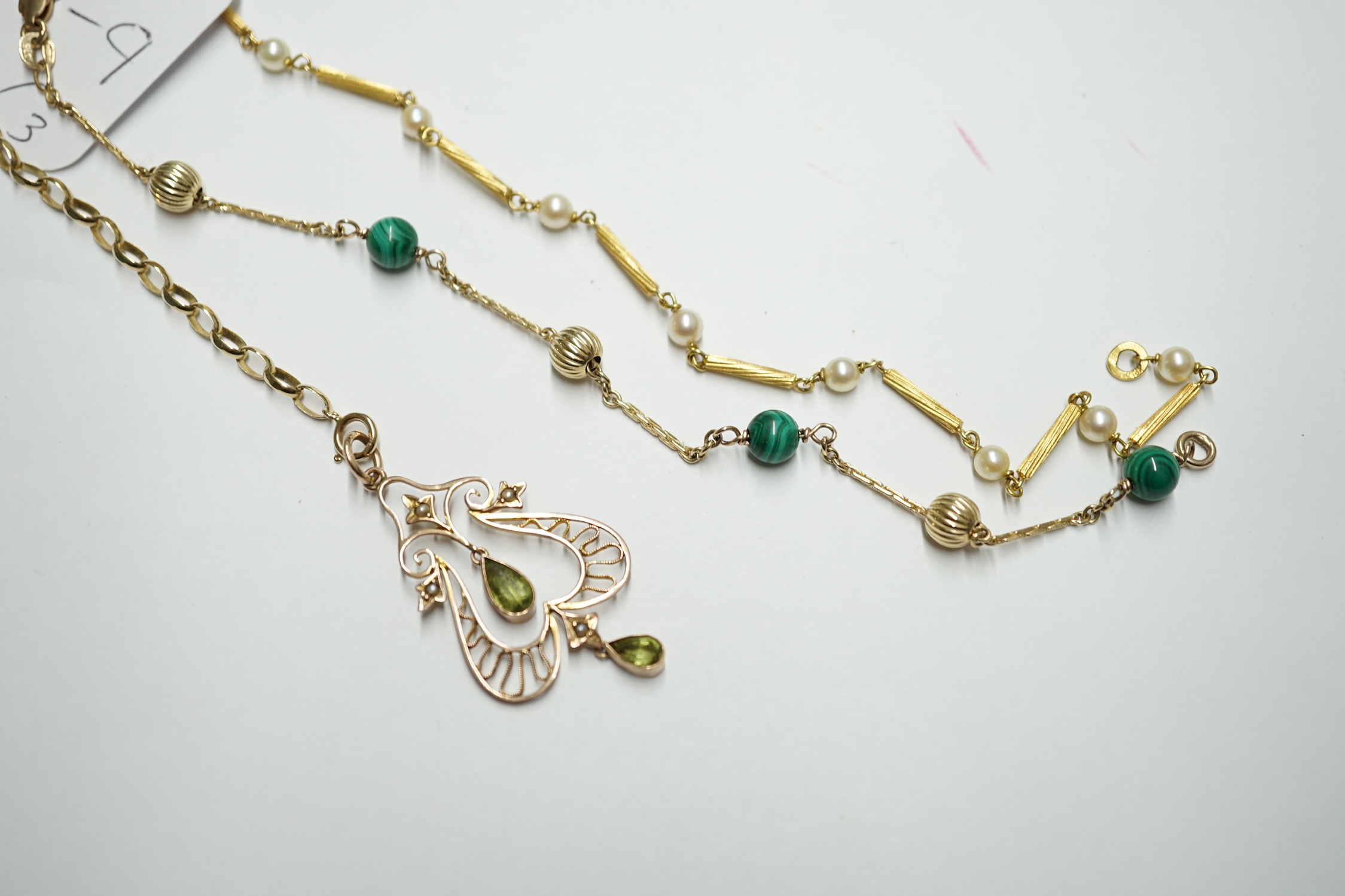 A modern 18k and cultured pearl set bracelet, 18.5cm, gross weight 5.2 grams. a 9k and malachite bead set bracelet and a yellow metal and seed pearl pendant on a 9ct gold chain, gross weight 12 grams. Condition - poor to